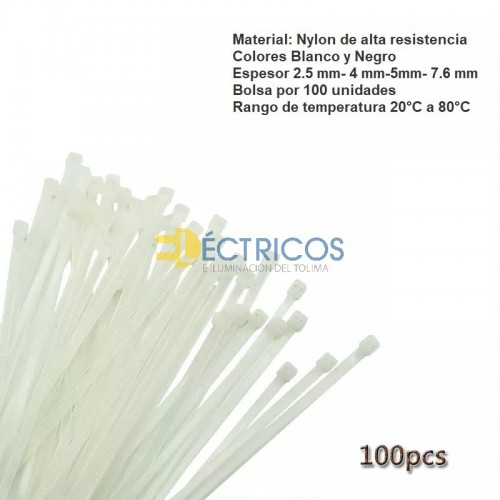 AMARRE PLASTICO 10CM X 2.5MM BLANCO BOLSA*100UND MATERIAL: NYLON DE ALTA RESISTENCIA