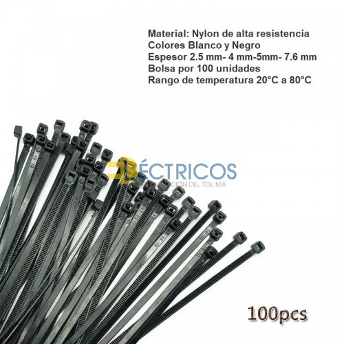 AMARRE PLASTICO 20CM X 2.5MM BLANCO BOLSA*100UND MATERIAL: NYLON DE ALTA RESISTENCIA